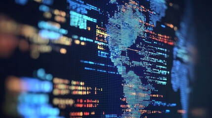 Fototapete - Digital World Map Constructed of Bright Blue Pixels on a Dark Screen