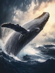 A giant whale breaching in the open ocean, water cascading down its body
