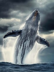 A giant whale breaching in the open ocean, water cascading down its body
