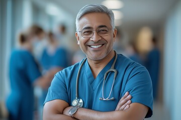 Smiling Indian doctor confidently standing with stethoscope in a busy hospital environment.