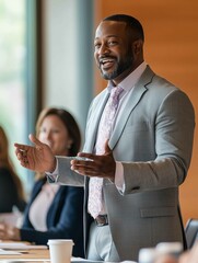 Black business man speaking at a workshop with colleagues in a conference setting
