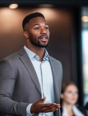 Black business man speaking at a workshop with colleagues in a conference setting
