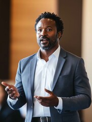 Black business man speaking at a workshop with colleagues in a conference setting
