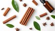© Farid - Aromatic cinnamon sticks and essential oil on white background.