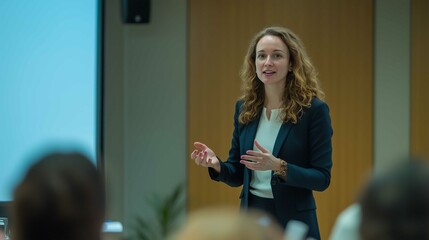 Business woman speaking at a workshop with colleagues in a conference setting
