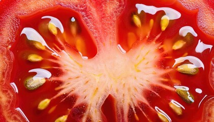 macro shot of a fresh, vibrant red tomato slice with visible seed chambers, rich pulp, and glistening juice droplets, highlighting intricate natural textures and patterns for food and nutrition visual