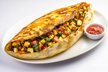 Indian folded dosa on a white plate, filled with whote paneer crumbles and vegetables, and small dish of red chutney.