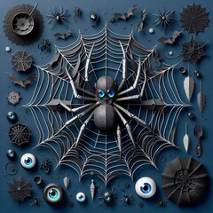 An overhead perspective of a spider with papercraft-style, black and cobalt decorations, including a Halloween spider web and spooky eyes.