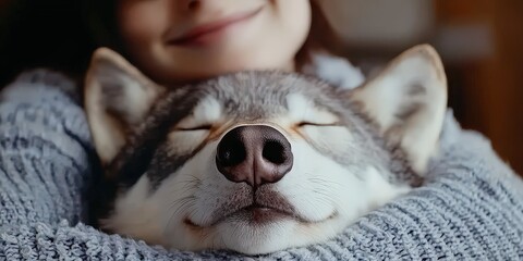 Wall Mural - Closeup of a Husky Dog s Face with a Woman s Arm in the Background