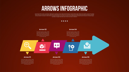 Wall Mural - arrows template infographic with skew square up and down on arrow shape right direction with 5 point with dark style for slide presentation