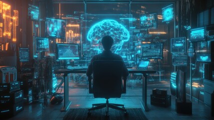A hacker sits in a dark room, surrounded by screens.