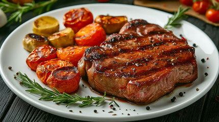 The steaks are tender with perfect grill, with roasted vegetables served on white ceramic plates