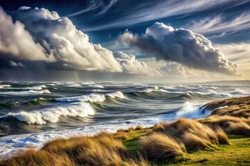 blustering gale strong winds sweeping across the landscape low angle