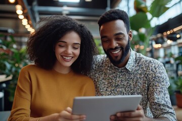 Two young businesspeople taking a video call on a digital tablet, Generative AI