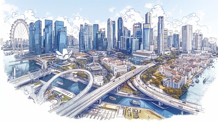 Expansive view of a smart city's skyline with prominent landmarks and a river, emphasizing futuristic architecture and vibrant urban spaces.