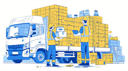 Two warehouse workers in safety vests checking inventory and handling boxes near a large delivery truck, emphasizing organization and teamwork.