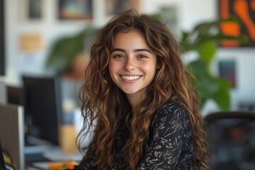 Smiling young businesswoman working at her desk