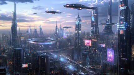 Canvas Print - Futuristic city with flying vehicles.