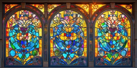 Wall Mural - Three arched stained glass windows with colorful patterns.