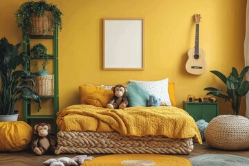 Yellow kids room interior with mock up poster frame, braided bed, green shelf, plush lampa, monkey, guitar, brown bedding, rug, basket, colorful toys and personal accessories. Home decor