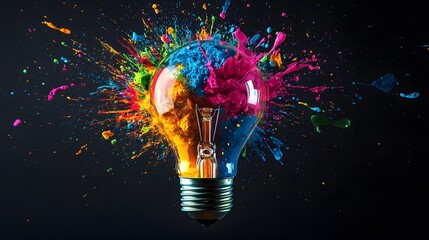 Wall Mural - light bulb exploding with colorful paint splashes