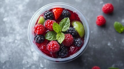 Wall Mural - A clear plastic container filled with a red fruit salad with raspberries, blackberries, kiwi, and mint leaves.