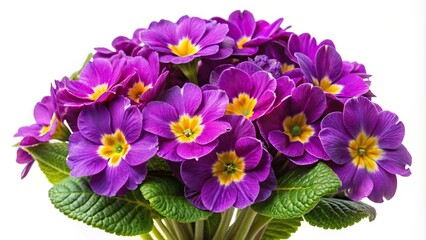 Bouquet of purple primroses isolated on white background Spring wild flowers Symmetrical