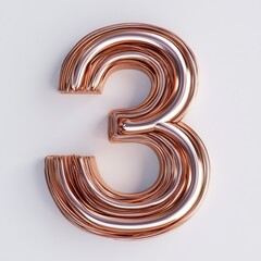 3D number 3 with copper wire texture realistic modern design, soft lighting, white background