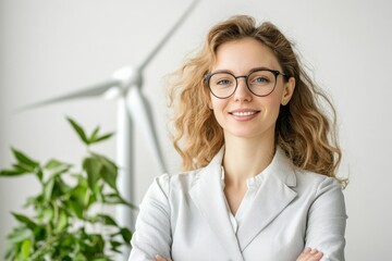 Smiling business woman in green energy office, powered by solar or wind energy on solid white background