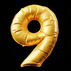 3D number 9 with Inflate, puffy shapes made of yellow soft detailed leather, folds and wrinkles on material realistic modern design, soft lighting, black background 