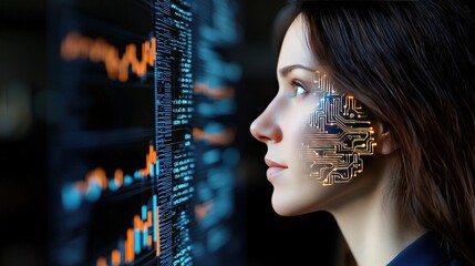 Wall Mural - futuristic digital human with circuit pattern on face and data screen