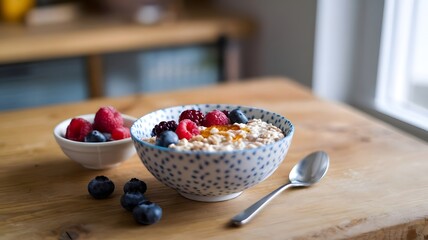 a bowl of oats with berries and honey