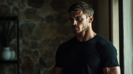 Serious-looking man in a black T-shirt, standing slightly turned to the side against a dark, minimalist interior