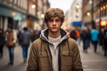 Poster - A young man in a brown jacket stands in the middle of a busy street