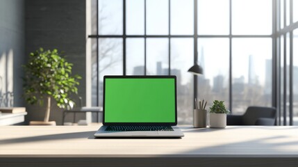 A straight-on shot of a MacBook with a green screen on a sleek, modern desk in a bright, contemporary office, large windows allowing ample natural light to fill the room, minimalistic decor with clean