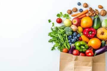 Wall Mural - Paper bag spilling over with fresh produce, including carrots, apples, oranges, bell peppers, tomatoes, eggplant, broccoli, zucchini, celery, and blueberries, on a white background.