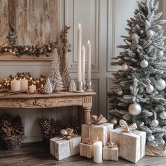 Wall Mural - Aesthetic composition of christmas living room interior with wooden console, christmas gifts, candle with candlestick, christmas tree, and personal accessories. Home decor, Generative AI