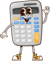 Poster - Groovy school calculator character. Elementary school stationery or equipment happy personage, student education or business accounting calculator cute retro vector character or isolated groovy mascot