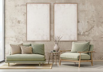 Modern living room with green sofa, armchair, and two blank frames on a concrete wall