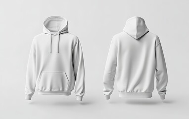 Blank white hoodie mockup, front and back view, 3d rendering white background 