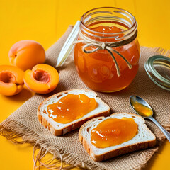 Poster - A glass jar filled with apricot jam with slices of bread spread with apricot jam on a yellow background