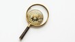 © Arifin Studio - A gold Bitcoin cryptocurrency coin magnified by a magnifying glass on a white background.