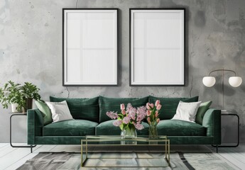 Modern living room interior with a green velvet sofa, a coffee table with flowers, and two blank frames on a concrete wall