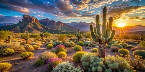 Wall Mural - Golden Hour Hues Paint the Desert Landscape, Where Cacti Stand Tall Against a Sky Filled with Clouds