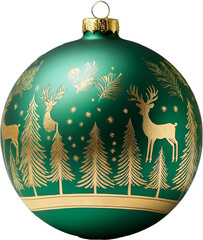 Wall Mural - A rich green bauble featuring a festive pattern of gold reindeer and Christmas trees wrapping around its surface. Transparent background.