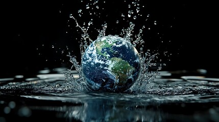 Wall Mural - Earth globe splashing into water with a large crown splash, isolated on a black background.