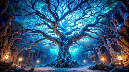 Wall Mural - The Ancient Tree of Whispers, Where Light Breaks Through Twisted Branches and Illuminates a Pathway Leading Into a Realm of Enchantment