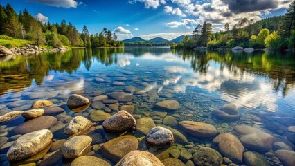 Wall Mural - A tranquil lake reflecting a vibrant sky, surrounded by verdant trees and a scattering of smooth river rocks