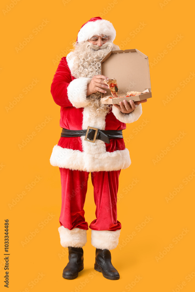 Santa Claus tasty pizza on yellow background
