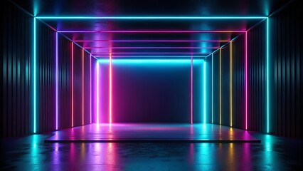 Poster - A minimalist concrete space bathed in the vibrant glow of multicolored neon lines, creating a futuristic and otherworldly atmosphere.